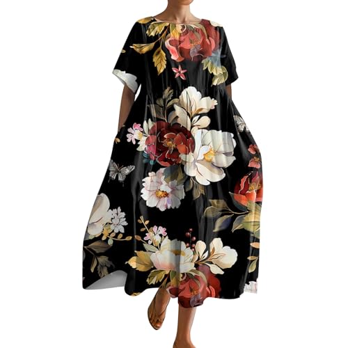 Sommerkleid Damen Lang mit Ärmeln Kleider Damen Sommer Elegant Blumen Sommerkleider Damen Leicht Und Luftig Damenkleider A Linie Midi Strandkleid Locker Midikleid Kurzarm Blumenkleid Weite von Generisch