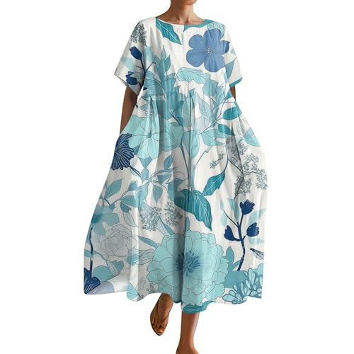 Sommerkleid Damen Lang mit Ärmeln Kleider Damen Sommer Elegant Blumen Sommerkleider Damen Leicht Und Luftig Damenkleider A Linie Midi Strandkleid Locker Midikleid Kurzarm Blumenkleid Weite von Generisch