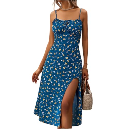 Sommerkleid Damen Lang mit Schlitz Boho Vintage Blumenkleid Ärmellos Spaghettiträger Strandkleid A-Linie Quadratischer Ausschnitt Midikleider Elegant Tunika Kleid Freizeitkleid Partykleid Blau XXL von Generisch