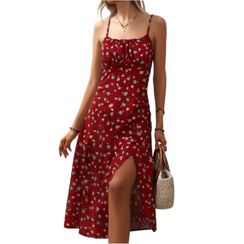 Sommerkleid Damen Lang mit Schlitz Boho Vintage Blumenkleid Ärmellos Spaghettiträger Strandkleid A-Linie Quadratischer Ausschnitt Midikleider Elegant Tunika Kleid Freizeitkleid Partykleid Rot M von Generisch