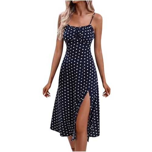 Sommerkleid Damen Lang mit Schlitz Polka Dot Printed Partykleid Ärmellos Spaghettiträger Strandkleid A-Linie Quadratischer Ausschnitt Midikleider Elegant Tunika Kleid Freizeitkleid 2#Blau L von Generisch