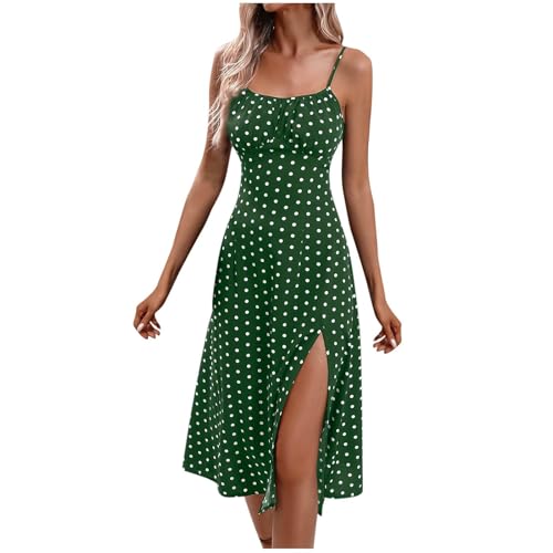 Sommerkleid Damen Lang mit Schlitz Polka Dot Printed Partykleid Ärmellos Spaghettiträger Strandkleid A-Linie Quadratischer Ausschnitt Midikleider Elegant Tunika Kleid Freizeitkleid 2#Grün L von Generisch