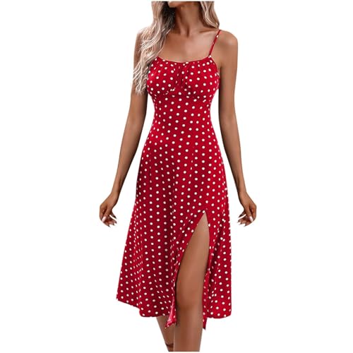 Sommerkleid Damen Lang mit Schlitz Polka Dot Printed Partykleid Ärmellos Spaghettiträger Strandkleid A-Linie Quadratischer Ausschnitt Midikleider Elegant Tunika Kleid Freizeitkleid 2#Rot M von Generisch