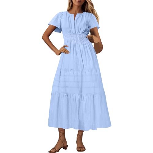 Sommerkleid Damen Langarm V-Ausschnitt Freizeitkleid Minikleid Elegant A Linie Tank Strandkleid Tunika Baumwolle Partykleid Kleid Vintage Retro 1950er Cocktaikleid Swing Festlich von Generisch