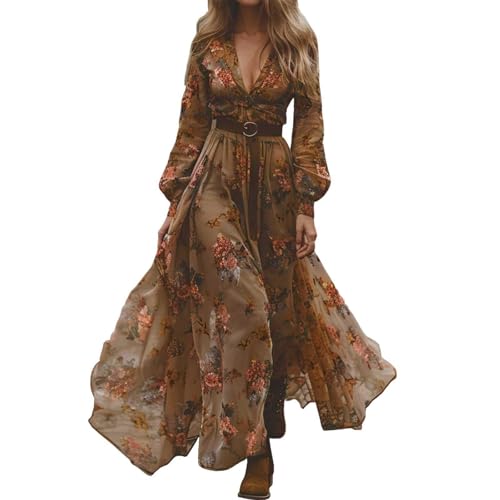 Sommerkleid Damen Langes Boho Kleid Vintage Rustikaler Stil V-Ausschnitt Kleid mit Blumenmuster Lässiges Maxikleid Frühling Langarm Blumenkleid Freizeitkleider Strandkleider Chiffonkleid Wickelkleid von Generisch