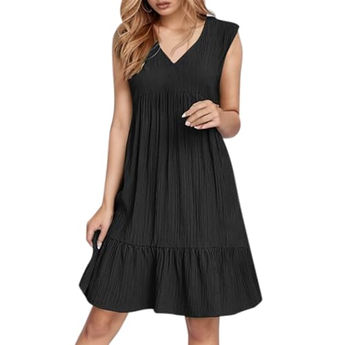 Sommerkleid Damen Leicht, Sommerkleid Damen Kurz V Ausschnitt Kleid Hochzeitsgast Sommer Festliche Kleider Freizeit Strandkleid Elegante Wickelkleid Knielang Sommerkleider Leicht Und Luftig, Schwarz,M von Generisch