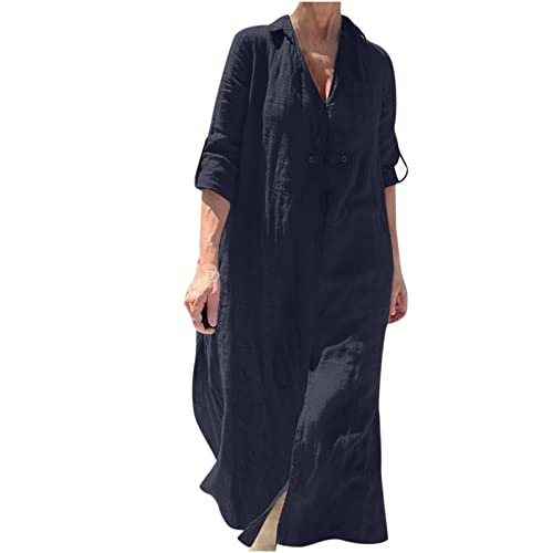 Sommerkleid Damen Leicht Elegant 3/4 Ärmel Kleider Loose Musselin Kleid Leinen Freizeitkleid Lässiges Partykleid Hemdkleid Midi Kleid Boho A-Linie Kleid Urlaub 2025 Sommer Leinenkleider Strandkleid von Generisch