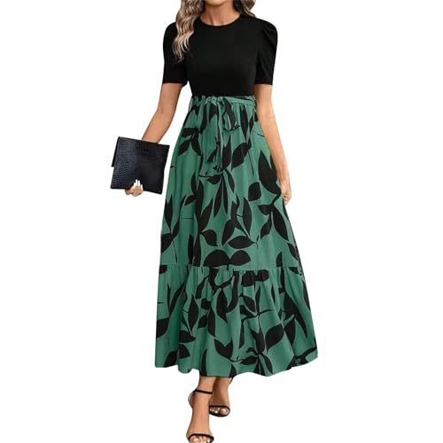 Sommerkleid Damen Leicht Lang Blumen Maxikleid Sommer Elegant Patchwork A Linie Kleider Sommer Maxi Rüschen mit Gürtel Sommerkleider Luftige Volant Kleid Frauen Schwingen Maxikleid Blumenkleid von Generisch