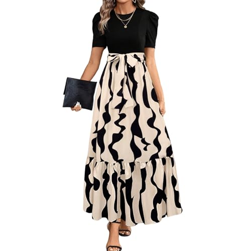 Sommerkleid Damen Leicht Lang Blumen Maxikleid Sommer Elegant Patchwork A Linie Kleider Sommer Maxi Rüschen mit Gürtel Sommerkleider Luftige Volant Kleid Frauen Schwingen Maxikleid Blumenkleid von Generisch