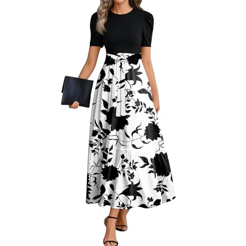 Sommerkleid Damen Leicht Lang Blumen Maxikleid Sommer Elegant Patchwork A Linie Kleider Sommer Maxi Rüschen mit Gürtel Sommerkleider Luftige Volant Kleid Frauen Schwingen Maxikleid Blumenkleid von Generisch