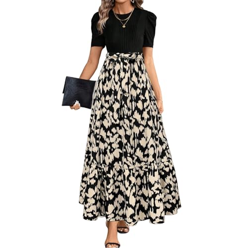 Sommerkleid Damen Leicht Lang Blumen Maxikleid Sommer Elegant Patchwork A Linie Kleider Sommer Maxi Rüschen mit Gürtel Sommerkleider Luftige Volant Kleid Frauen Schwingen Maxikleid Blumenkleid von Generisch