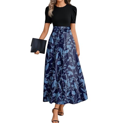 Sommerkleid Damen Leicht Lang Blumen Maxikleid Sommer Elegant Patchwork A Linie Kleider Sommer Maxi Rüschen mit Gürtel Sommerkleider Luftige Volant Kleid Frauen Schwingen Maxikleid Blumenkleid von Generisch