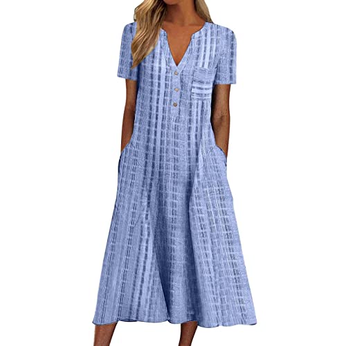 Sommerkleid Damen Leicht Lang Kleider Sommer Elegant A-Linie Kleid Kariert Maxi Sommerkleider Kurzarm Luftig Midikleid mit Taschen Strandkleid V Ausschnitt Locker Kleider mit Knopfleiste von Generisch