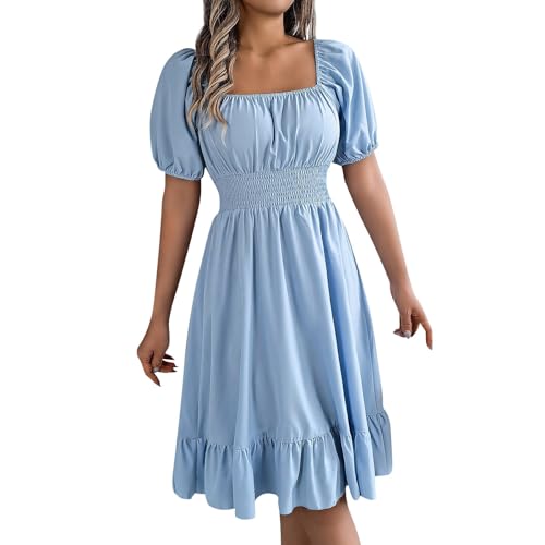 Sommerkleid Damen Leicht Midi Rüschen Kleider Damen Sommer Elegant Lang Puffärmel Sommerkleider Leicht Und Luftig A Linie Kleid Frauen Schwingen Plissee Midikleid Korsett Quadratischer Kragen von Generisch