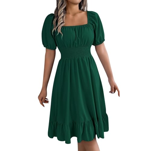 Sommerkleid Damen Leicht Midi Rüschen Kleider Damen Sommer Elegant Lang Puffärmel Sommerkleider Leicht Und Luftig A Linie Kleid Frauen Schwingen Plissee Midikleid Korsett Quadratischer Kragen von Generisch
