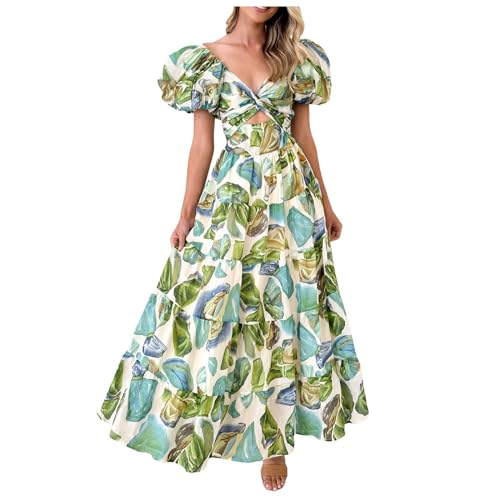 Sommerkleid Damen Leicht Strandkleid Maxikleid Damen Sommer Freizeit Strandkleid a Linie Freizeitkleid Lang Boho Maxikleid Elegant Hohe Taille Abendkleid Kleider Leicht Luftig (Green, XL) von Generisch