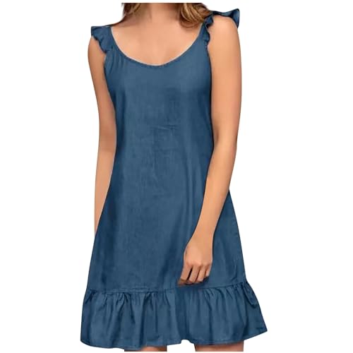 Sommerkleid Damen Leicht Und Luftig Kurz Jeanskleid Damen Ärmellos A Linie Rüschen Kleider Damen Sommer Elegant Denim Kleid Frauen Sommer Volant Strandkleid Luftige Jeans Sommerkleider Locker von Generisch