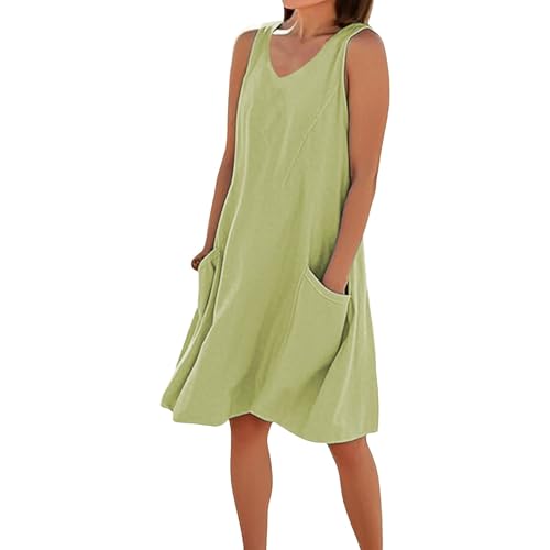 Sommerkleid Damen Leicht äRmellos Strandkleider Freizeitkleid - Knielang Elegant V-Ausschnitt Blusenkleid Sommerkleids Mit Taschen Locker Sommer Strandkleid Tunika Kleid Einfarbig Musselin Kleid von Generisch