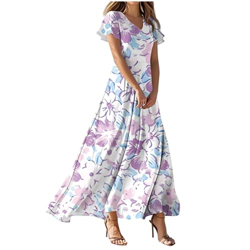 Sommerkleid Damen Leicht und Luftig Boho A Linie Kleid Elegant Blumenkleid V Ausschnitt Strandkleid Große Größen Sommer Maxikleid Festlich Blumen Lang Cocktailkleid Chiffonkleid (02-Light Purple, XL) von Generisch