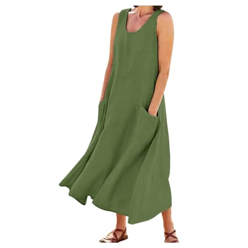 Sommerkleid Damen Leinen Baumwolle Kleid Ärmellos Lose Maxikleid Rundhals Strandkleid Leinenkleid mit Taschen Einfarbige Blusenkleid A-Linie Kleider Große Größen Langes Kleid Elegant Boho Tankkleid von Generisch