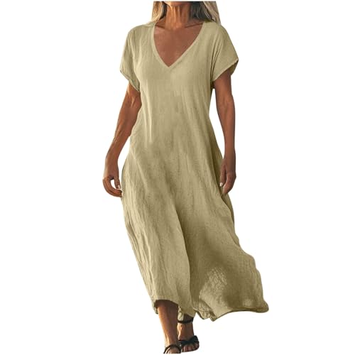 Sommerkleid Damen Leinen Kleider Casual V-Ausschnitt Maxikleid Kurzarm A-Linie Kleid Strandkleid Elegant Boho Freizeitkleid Baumwolle Leinenkleid Große Größen Hohe Taille von Generisch