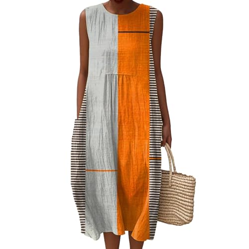 Sommerkleid Damen Leinen Kleider Falten Musselin Kleid Lässig Rundhals Blumendruck Midikleid Ärmellos A-Linie Knielang Kleider Leicht und Luftig Strandkleid mit Taschen Freizeitkleid von Generisch