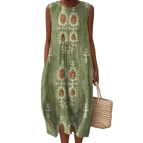 Sommerkleid Damen Leinen Kleider Falten Musselin Kleid Lässig Rundhals Blumendruck Midikleid Ärmellos A-Linie Knielang Kleider Leicht und Luftig Strandkleid mit Taschen Freizeitkleid von Generisch