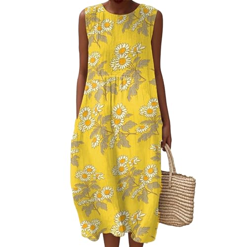 Sommerkleid Damen Leinen Kleider Falten Musselin Kleid Lässig Rundhals Blumendruck Midikleid Ärmellos A-Linie Knielang Kleider Leicht und Luftig Strandkleid mit Taschen Freizeitkleid von Generisch