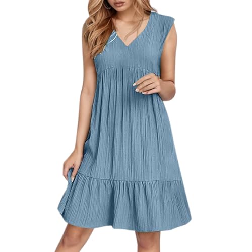 Sommerkleid Damen Midi, Sommerkleid Damen Kurz V Ausschnitt Kleid Hochzeitsgast Sommer Festliche Kleider Freizeit Strandkleid Elegante Wickelkleid Knielang Sommerkleider Leicht Und Luftig, Hellblau, L von Generisch