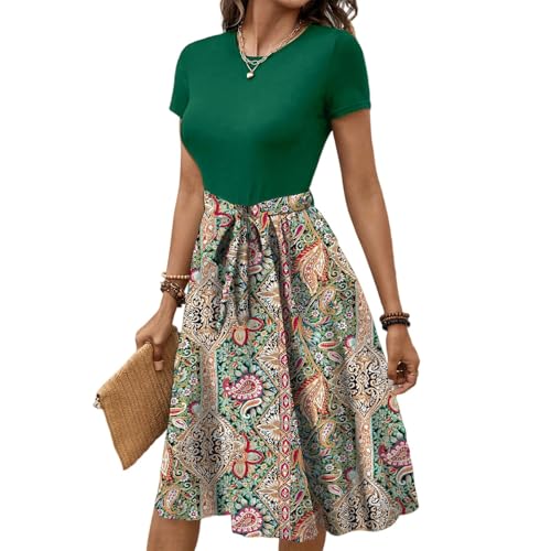 Sommerkleid Damen Midi Kurze Ärmel Blusenkleid Rundhals mit Blumenmuster Midikleid Boho Kleid Blumenkleid Röcke Sommer Weiß Hochzeitsgast Freizeitkleid Hochzeit Gast Leinen Kleider Lang von Generisch