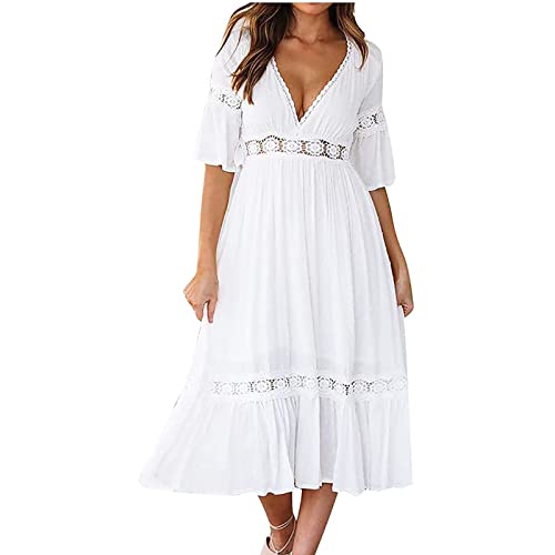Sommerkleid Damen Midi Rüschen Ibiza Style Kleider Boho Sommerkleider Leicht Und Luftig Kleid Elegant V Ausschnitt Lochstickerei Damenkleider Lang Schwingen Hippie Kleider Halbarm Strandkleid von Generisch
