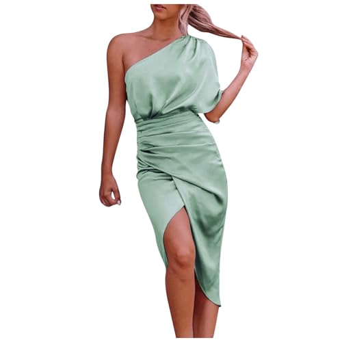 Sommerkleid Damen One Shoulder Kleider Casual Kleider Atmungsaktiv Freizeitkleid Weite Modekleider po Push up Midi Kleid Tummy Control Cocktailkleid(Mint Green,M) von Generisch