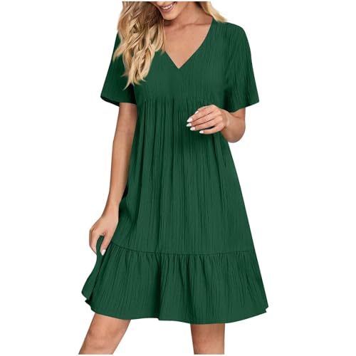Sommerkleid Damen Sommer Elegant V-Ausschnitt Kleid Locker Geschnitten A-Linie Kleider Kurzarm Strandkleid Frauen Leicht Luftig Knielang Crinkle Freizeitkleid für Urlaub Strand Alltag von Generisch