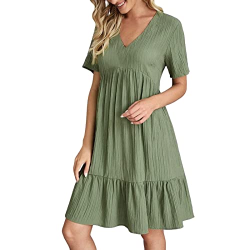 Sommerkleid Damen Sommer Elegant V-Ausschnitt Kleid Locker Geschnitten A-Linie Kleider Kurzarm Strandkleid Frauen Leicht Luftig Knielang Crinkle Freizeitkleid für Urlaub Strand Alltag von Generisch