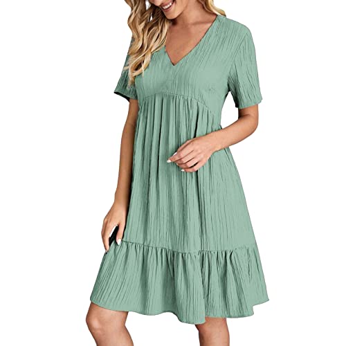 Sommerkleid Damen Sommer Elegant V-Ausschnitt Kleid Locker Geschnitten A-Linie Kleider Kurzarm Strandkleid Frauen Leicht Luftig Knielang Crinkle Freizeitkleid für Urlaub Strand Alltag von Generisch