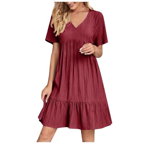 Sommerkleid Damen Sommer Elegant V-Ausschnitt Kleid Locker Geschnitten A-Linie Kleider Kurzarm Strandkleid Frauen Leicht Luftig Knielang Crinkle Freizeitkleid für Urlaub Strand Alltag von Generisch