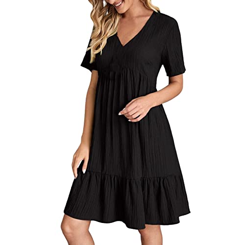 Sommerkleid Damen Sommer Elegant V-Ausschnitt Kleid Locker Geschnitten A-Linie Kleider Kurzarm Strandkleid Frauen Leicht Luftig Knielang Crinkle Freizeitkleid für Urlaub Strand Alltag von Generisch