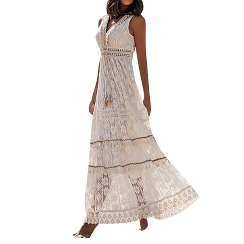 Sommerkleid Damen Spitzen Kleider V-Ausschnitt Lässiger Weite Freizeitkleid Loose Modekleider Ärmellos Boho Kleid Strandkleid Partykleid Maxikleid(Beige,M) von Generisch