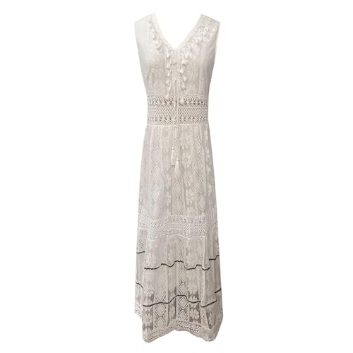 Sommerkleid Damen Spitzen Kleider V-Ausschnitt Lässiger Weite Freizeitkleid Loose Modekleider Ärmellos Boho Kleid Strandkleid Partykleid Maxikleid(White,S) von Generisch