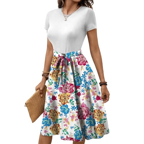 Sommerkleid Damen Strandkleid Midi mit Blumenmuster Blusenkleid Elegant A Linien Elegantes T-Shirt Kleid Kleider Sommer Hose Drunter Cocktailkleid Blumenkleid Cocktailkleider Große Größen von Generisch