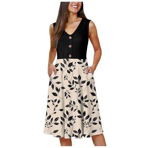 Sommerkleid Damen V-Ausschnitt Ärmelloses Kleider Knielang A-Linie Strandkleid Leicht Midikleid Casual Wickelkleid Freizeitkleid Wickelkleider(05-Khaki, M) von Generisch