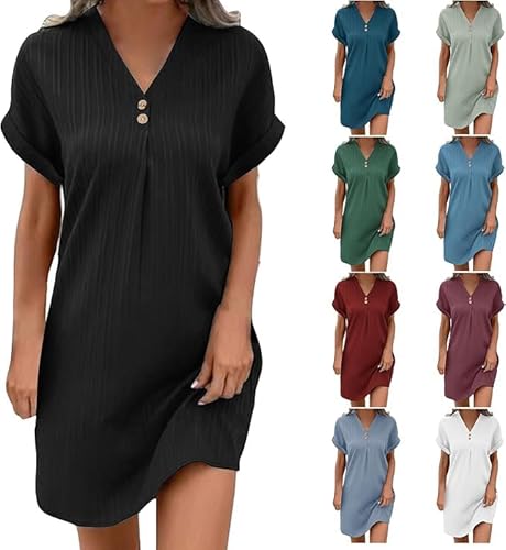 Generisch Sommerkleid Damen Kleider Baumwolle Leinen Kurzarm Strandkleid Elegant Sommerkleider Summer Dress Tankkleid Leicht und Luftig Tshirt Kleid Gutscheine Schwarz S von Generisch