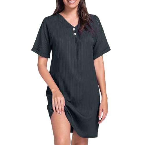 Sommerkleid Damen V-Ausschnitt Blusenkleid Luftig Musselin Kleid Leinen Kurzarm Strandkleid Elegant Einfarbig Hemdkleid Mit Knöpfen Leicht Tshirt Freizeitkleid Boho A-Linie Lässiges Dress von Generisch