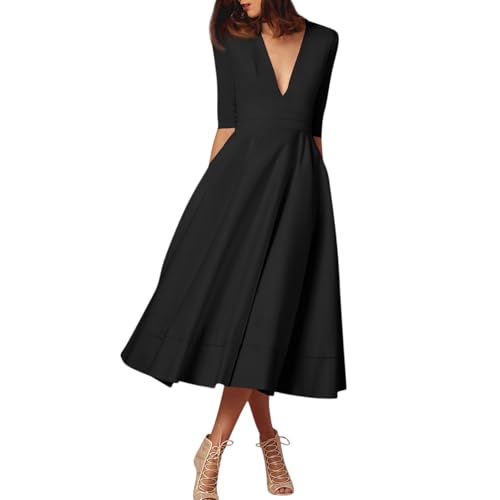 Sommerkleid Damen V-Ausschnitt mit Ärmel Strandkleid Elegant Mutter Tochter Kleid Midi Ballkleider Cocktailkleid Festtagskleider für Party Spring Dress Women Italienische Kleider von Generisch