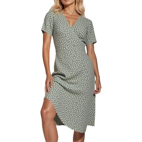 Sommerkleid Damen mit Blumenmuster, kurzärmelig, gewickelt, V-Ausschnitt, A-Linie, mittellang Weißes Kleid Eng Damen (Light Green, S) von Generisch