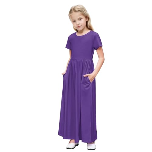 Sommerkleid Mädchen 4-14 Jahre Kurzarm Freizeitkleider Lang Kinderkleid Elegant Festliches Kleid Süßes Strandkleid Rundhals A Linie Mädchenkleid Lässige Partykleid Hochzeit Abendkleid von Generisch