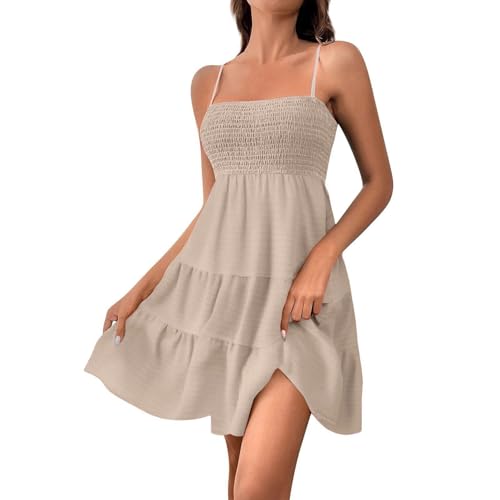 Sommerkleid Teenager Mädchen Sommerkleid Damen Kurz Spaghettiträger Minikleid A Linie Leicht und Luftig, Strandkleid Elegant Freizeit Swing Kleid Beige L von Generisch
