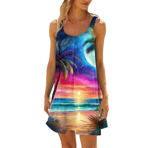 Sommerkleid für Damen Palme Gedruckt Ärmellos Spaghetti Trägerkleid Knielang Elegant Kleid Bequemer Atmungsaktives Vintage Casual Strandkleid Leicht Leinen A-Linie Kleid von Generisch
