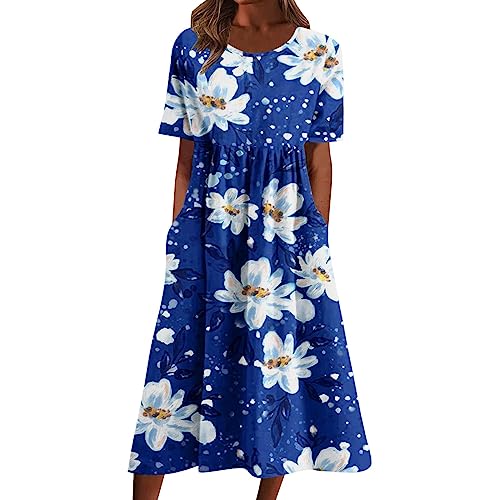 Sommerkleider Damen Casual Lockere Kleider Kurzarm Freizeit Leicht Strandkleid Mode Bedruck Boho Strand Damenkleider Sommer Elegante Frauen Freizeitkleider Midi Lang Lässiges Midikleid (Blue-2, XXL) von Generisch