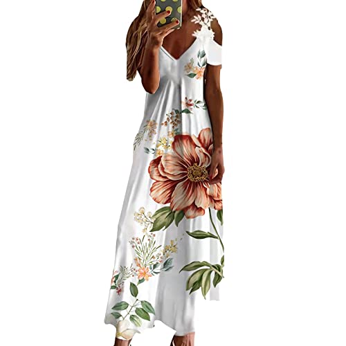 Sommerkleider Damen Lang Maxikleider Elegant Blumen Damenkleider Cold Shoulder Sommerkleid A Linie Strandkleid Luftig V Ausschnitt Kleider Leicht Maxi Kleid Frauen Kurzarm Häkel Spitze von Generisch